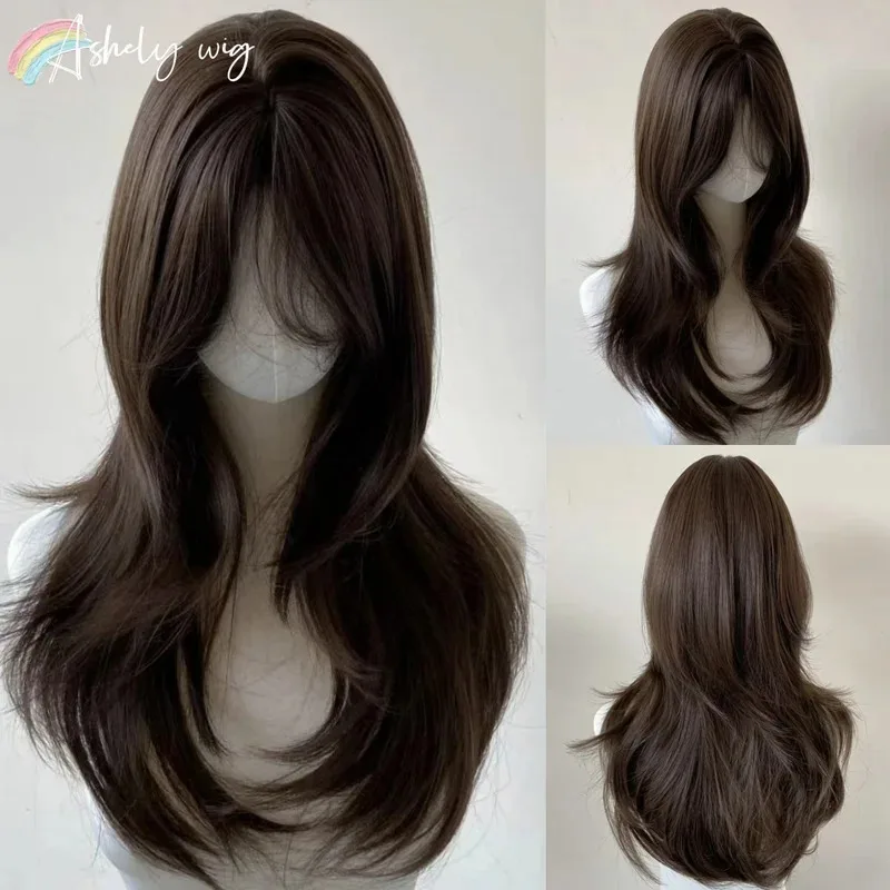 

Brown Wig for Women Headband Body Brown Straight Synthetic Rose Hair Models in French Bangs High Level Simulation Hair Wig