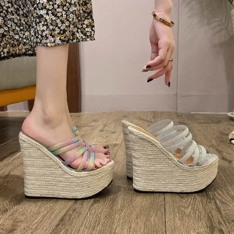 TIMETANGNew Women Pumps Sequin Design Extreme High Heels Casual Wedges Slippers Ladies Braided Hemp Rope Beach Sandals Platform