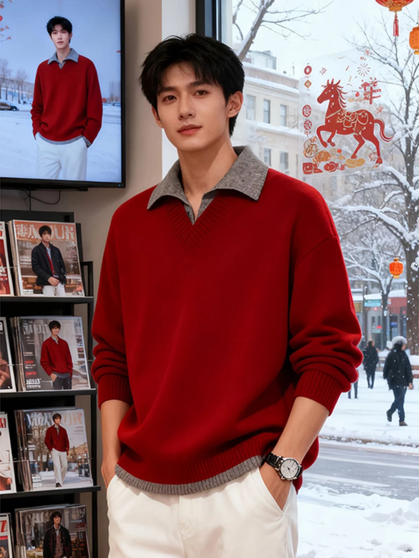 

Мужской свитер с эффектом двухслойности, имитирующий двухслойную конструкцию, с принтом «Красный зодиак», зимний, с эффектом высокой плотности, для создания уютного образа, с круглым вырезом, вязаный, повседневный стиль