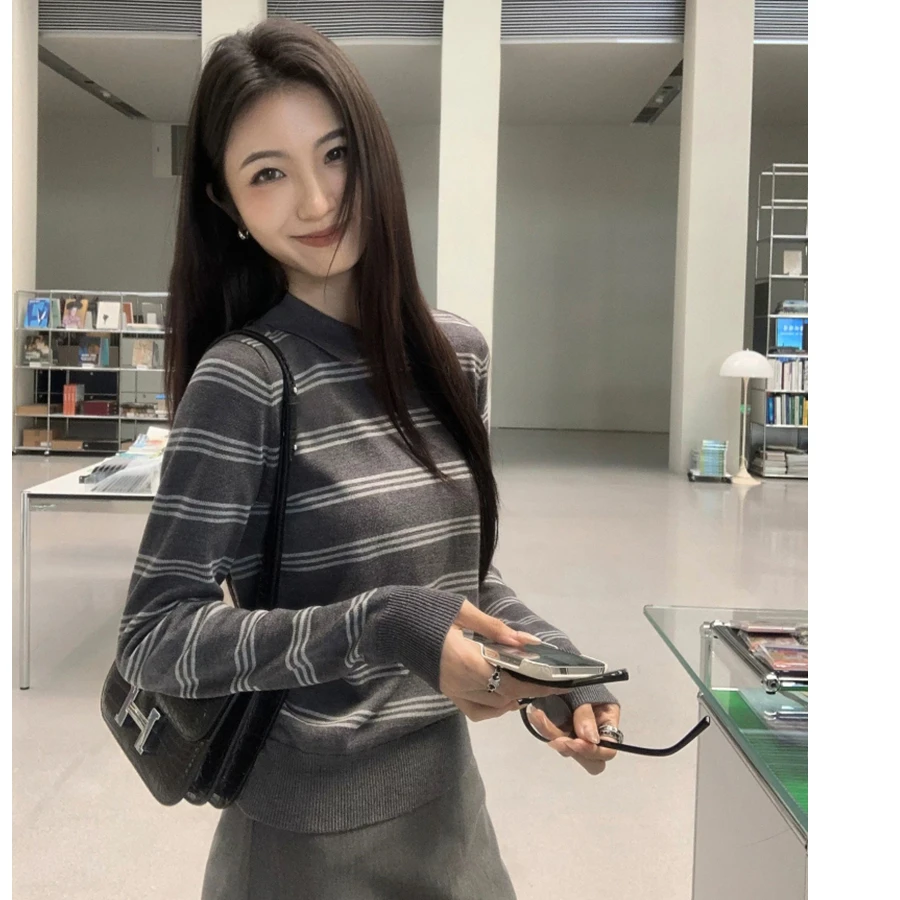 

American Contrast Color Stripe Polo Shirt Long Sleeve Knitted Women's Autumn Winter Loose Retro Commute Top Korean Style