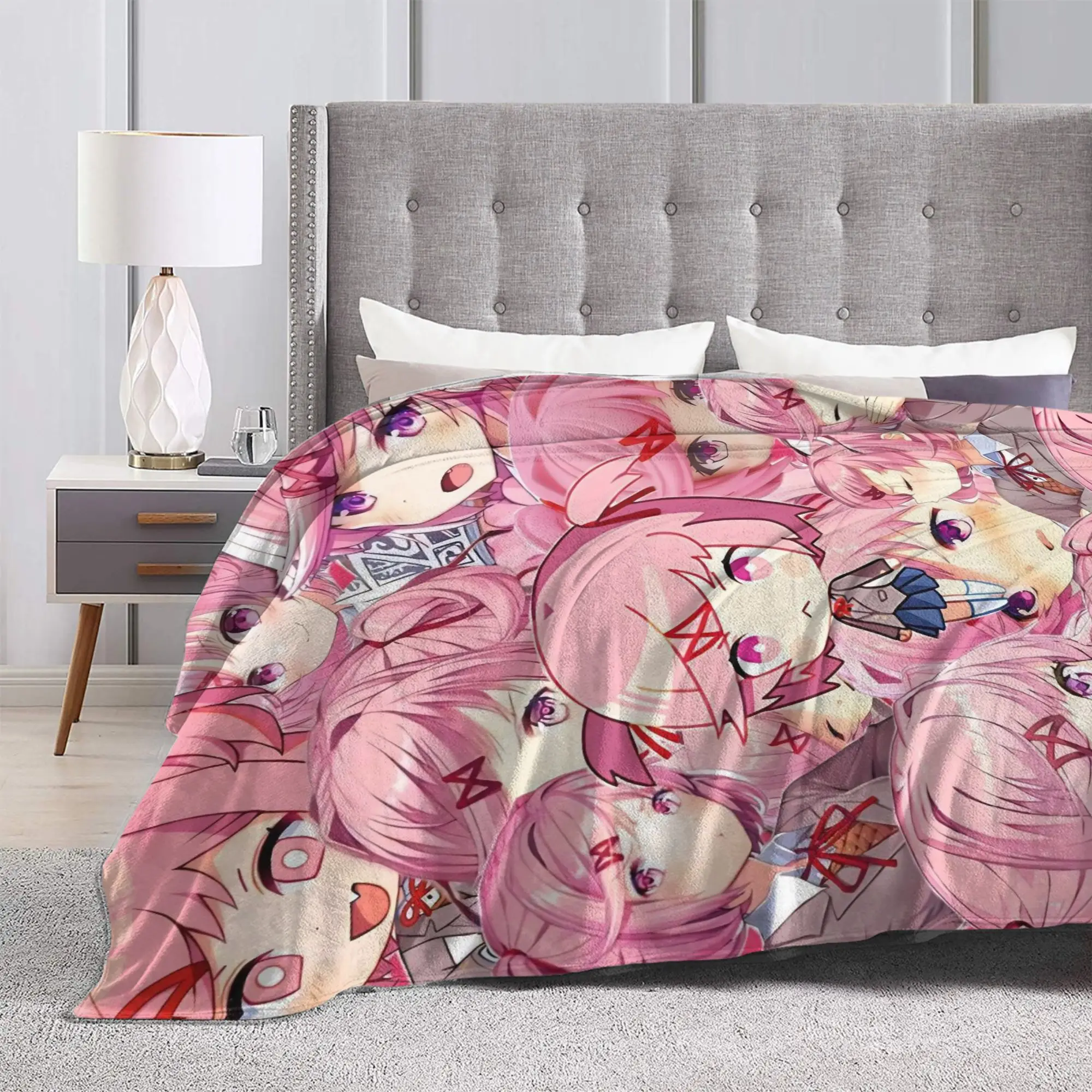 Natsuki DDLC Fleece Throw Blanket Anime Blanket for Bedding Couch Lightweight Thin Quilt Pink