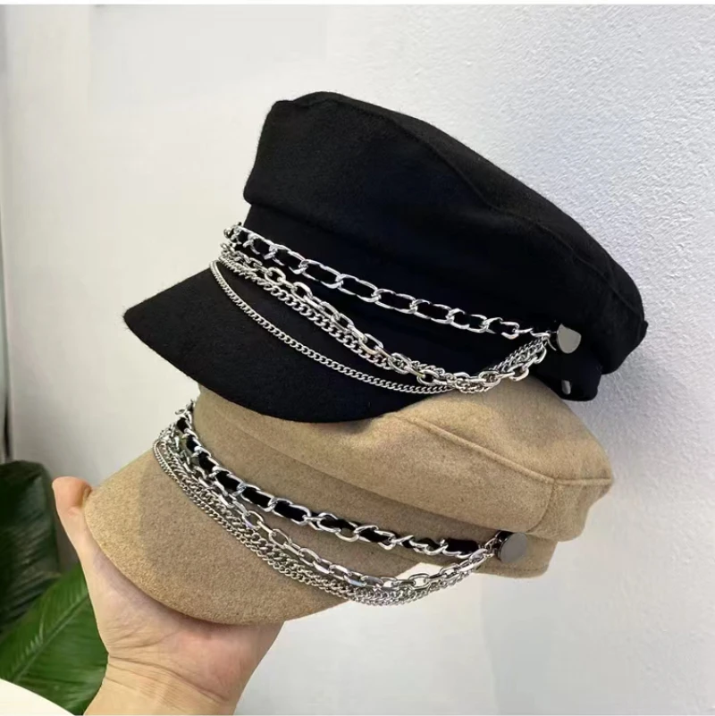 Stylish Navy sun hat Casual military hat women\'s cotton beret flat cap Captain\'s cap High quality outdoor casual chain hat