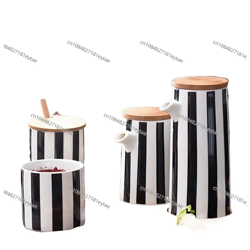 

Nordic Ceramic Black and White Striped Spice Jar Set Salt Pepper Shaker Sugar Bowl Oil Soy Sauce Bottle Vinegar Pot Kitchen