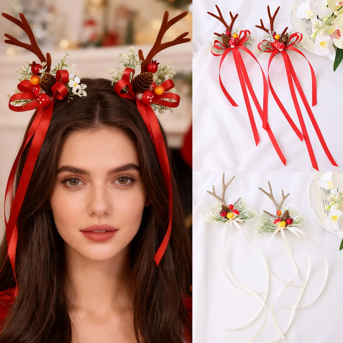 2 Pcs Long Ribbon Butterfly Knot Hairpins Handmade Mushroom Pinecone Deer Antler Clips for Christmas New Year Party Banquet