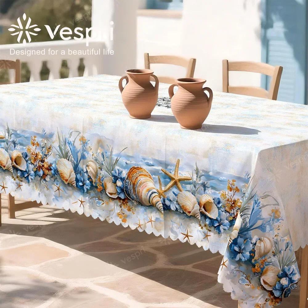 Ocean tablecloth, white and blue decorations, vases and shells, seaside theme, yzb