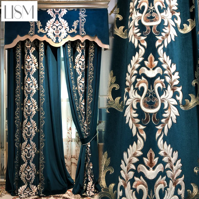 European Blue Flannelette Embroidered Window Curtains for Living Room Bedroom Villa French Window High Window Customized