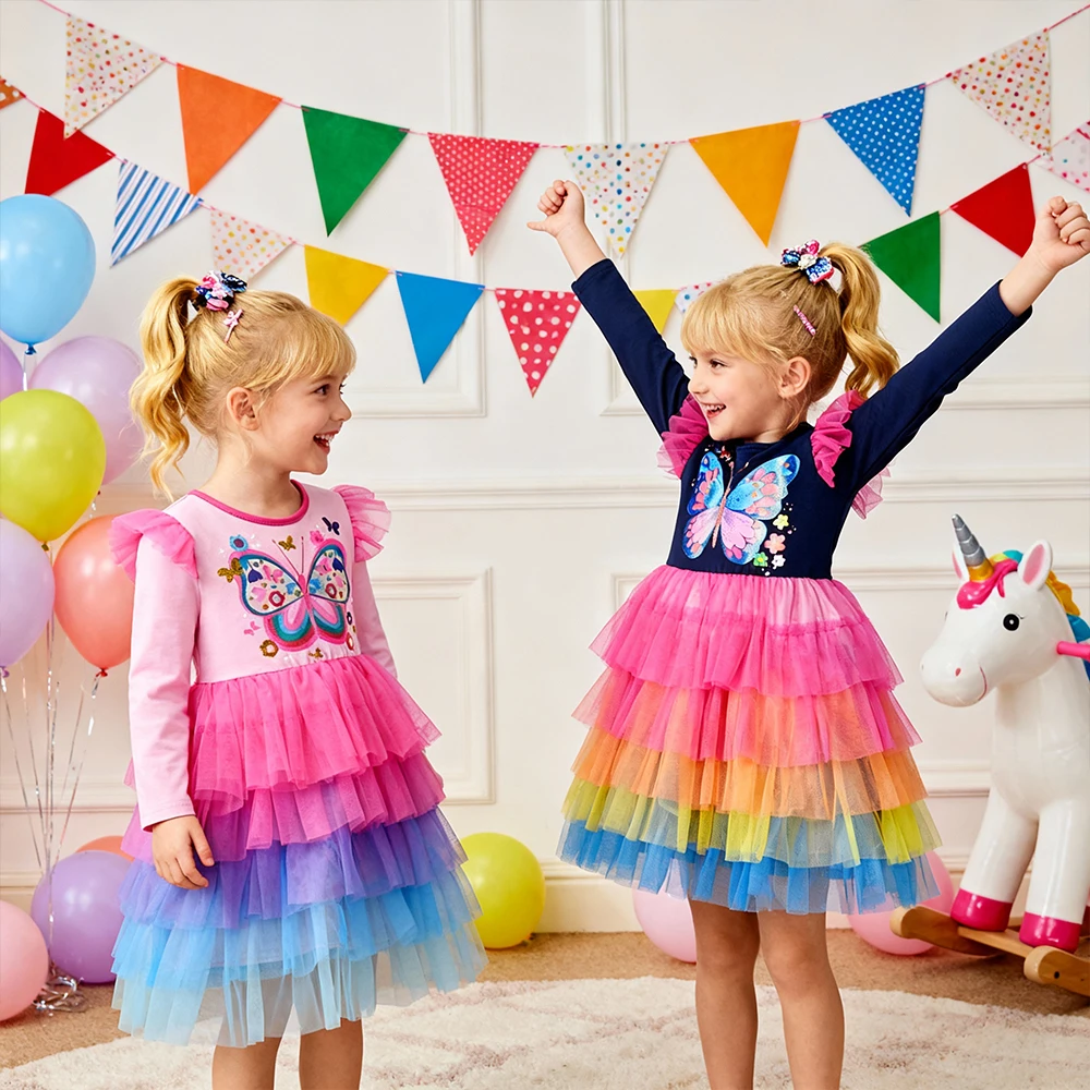 DXTON Kids Princess Mesh Dress Long Sleeve Autumn Spring Children Cotton Clothing Butterflies Mesh Cake Girls School Daily Dress