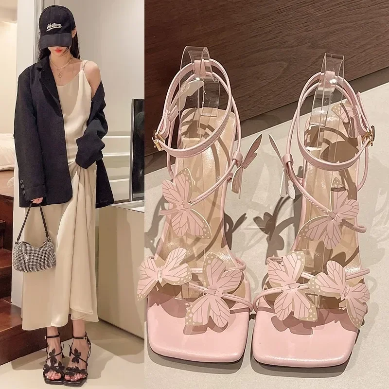 2025Summer Butterfly Women's High Heel Sandals Square Toe Buckle Casual  Shoes Elegant Stiletto Heel Ankle Strap Party image 3