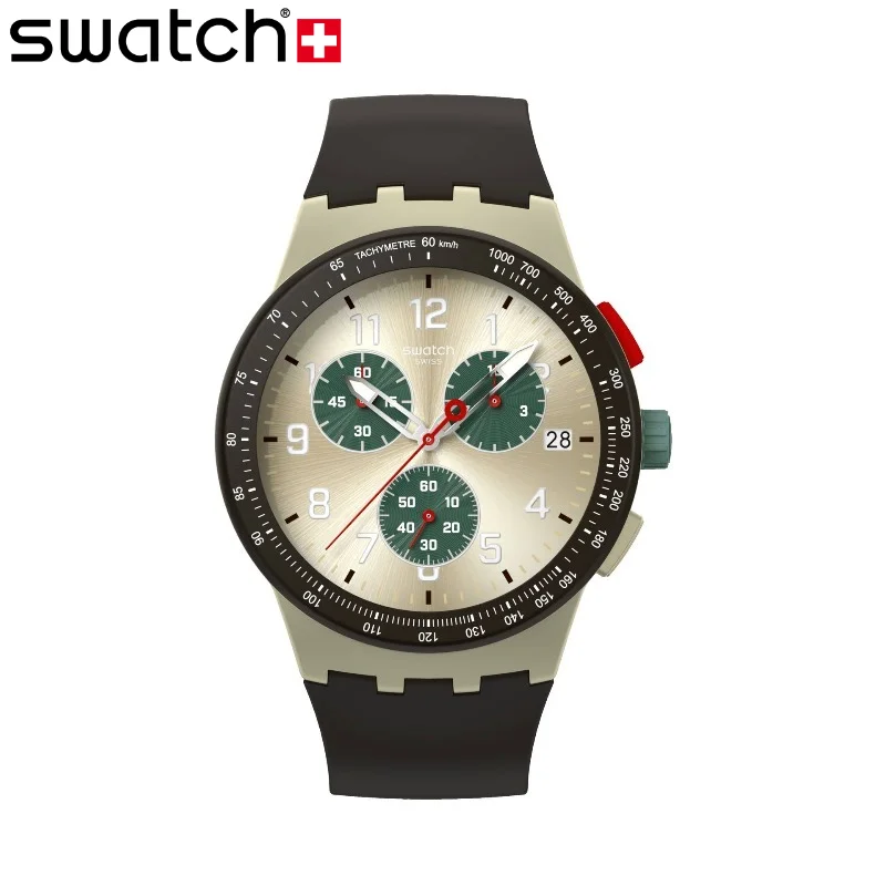 Swatch SUST402 OBSIDIAN INK 42mm Silver Dial Green Subdials Chronograph Date Silicone Strap Swiss Quartz Watch 3Bar