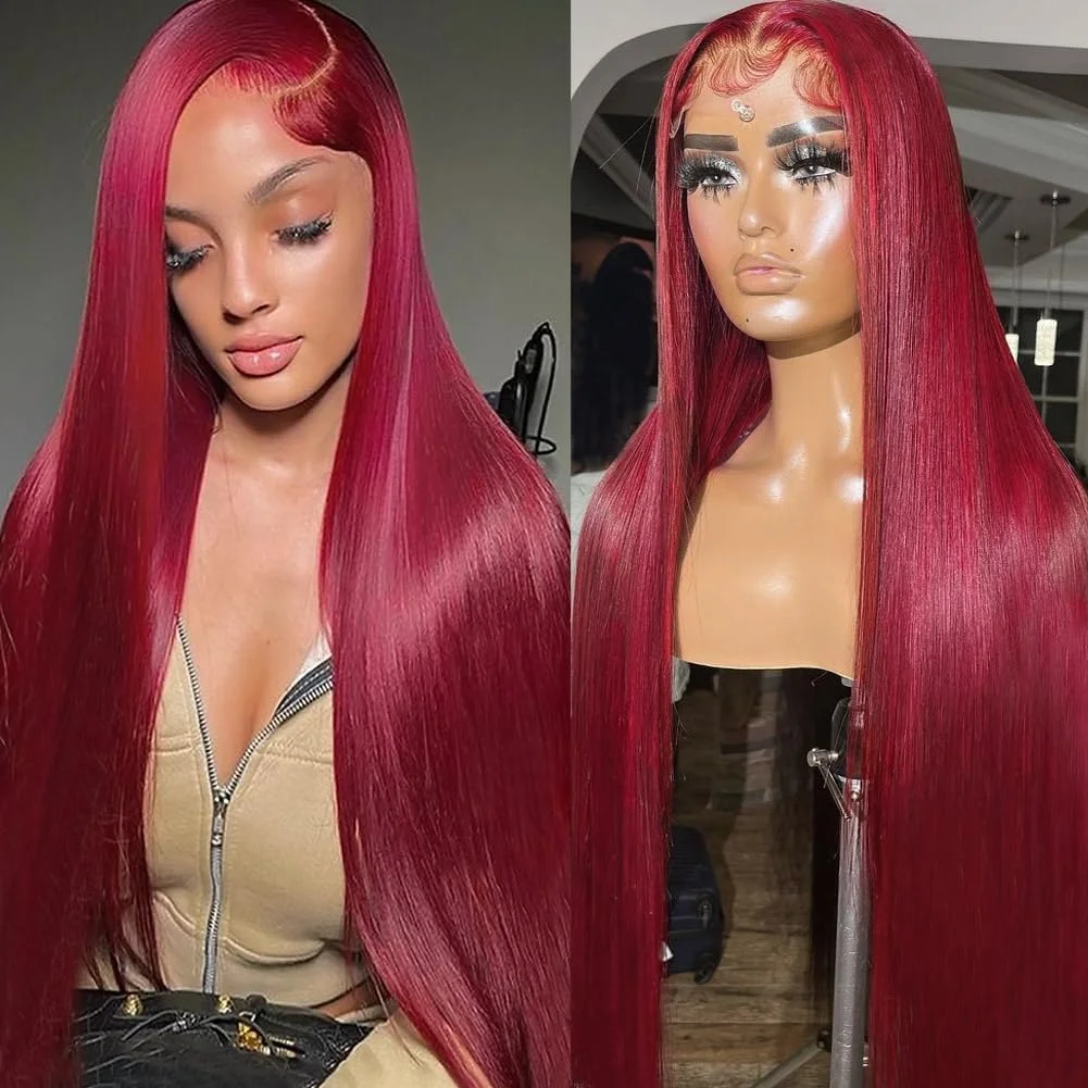 

13x4 99j Burgundy 200 Density Bone Straight Brazilian Hd Transparent Swiss Lace Remy Hair Frontal Wigs 100% Human Hair For Women