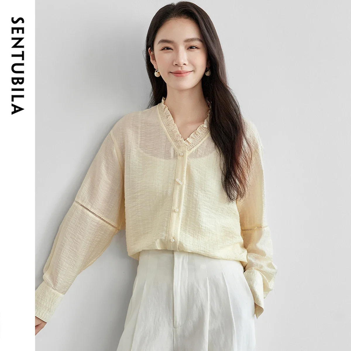 SENTUBILA Chinese Style Shirt Women 2025 Spring Lyocell Straight Ruffles V Neck Hollow Folds Long Sleeve Button Blouse 151C57678
