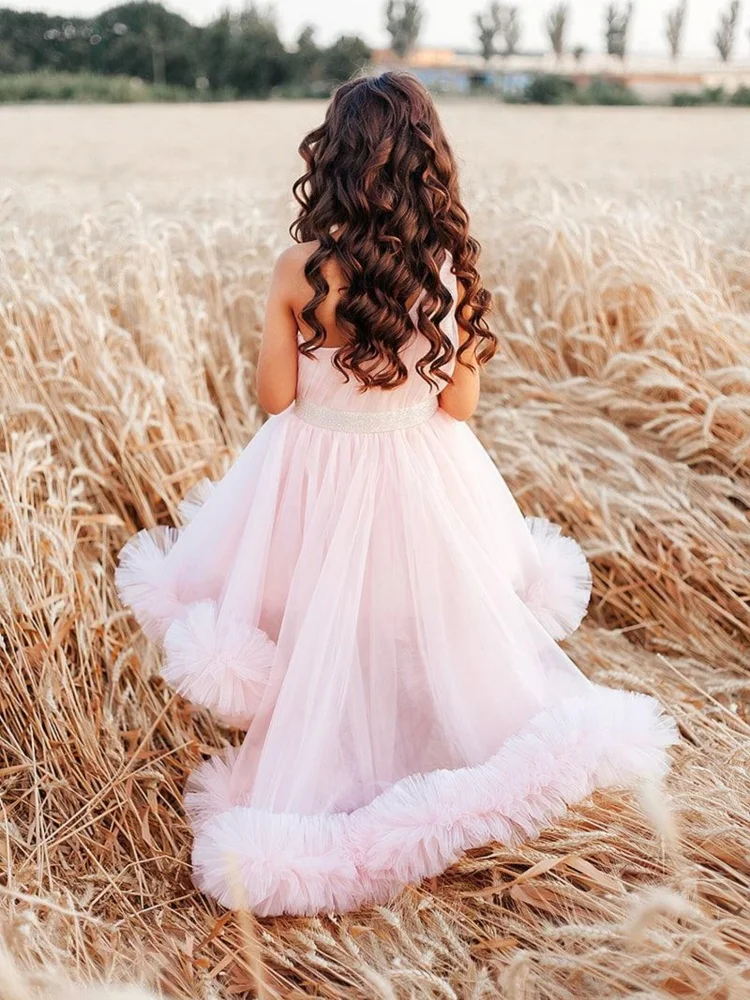 Custom Flower Girl Dress One Shoulder Tulle Dress Glitter Waistband High Low Train For Outdoor Wedding & Portrait Shooting