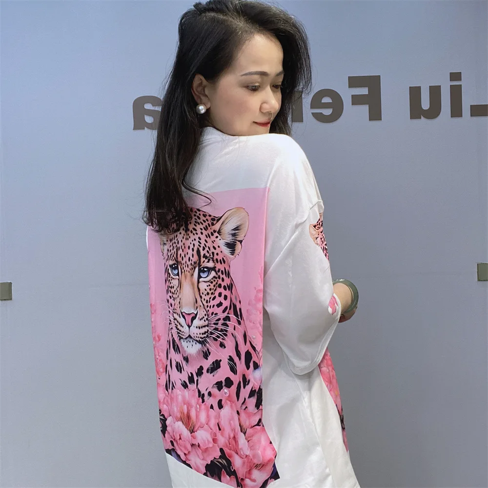 Hot Drilling Loose Short Sleeve Knitted Top Women Summer Clothing Cartoon Leopard Printed Beading Casual O Neck T-shirts Female