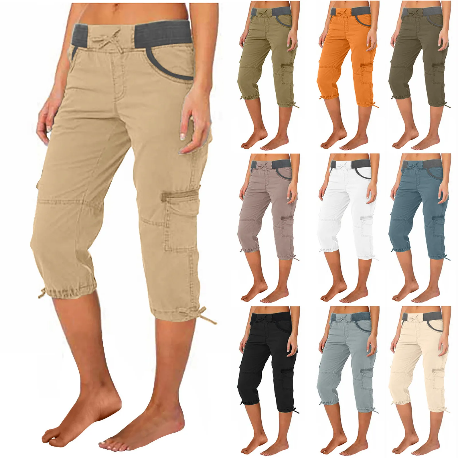 2026 Women's Summer Casual High Waist Drawstring Pocket Workwear Pants Solid Loose Wide Leg Extendable Cuffs 7-inch Pants Female