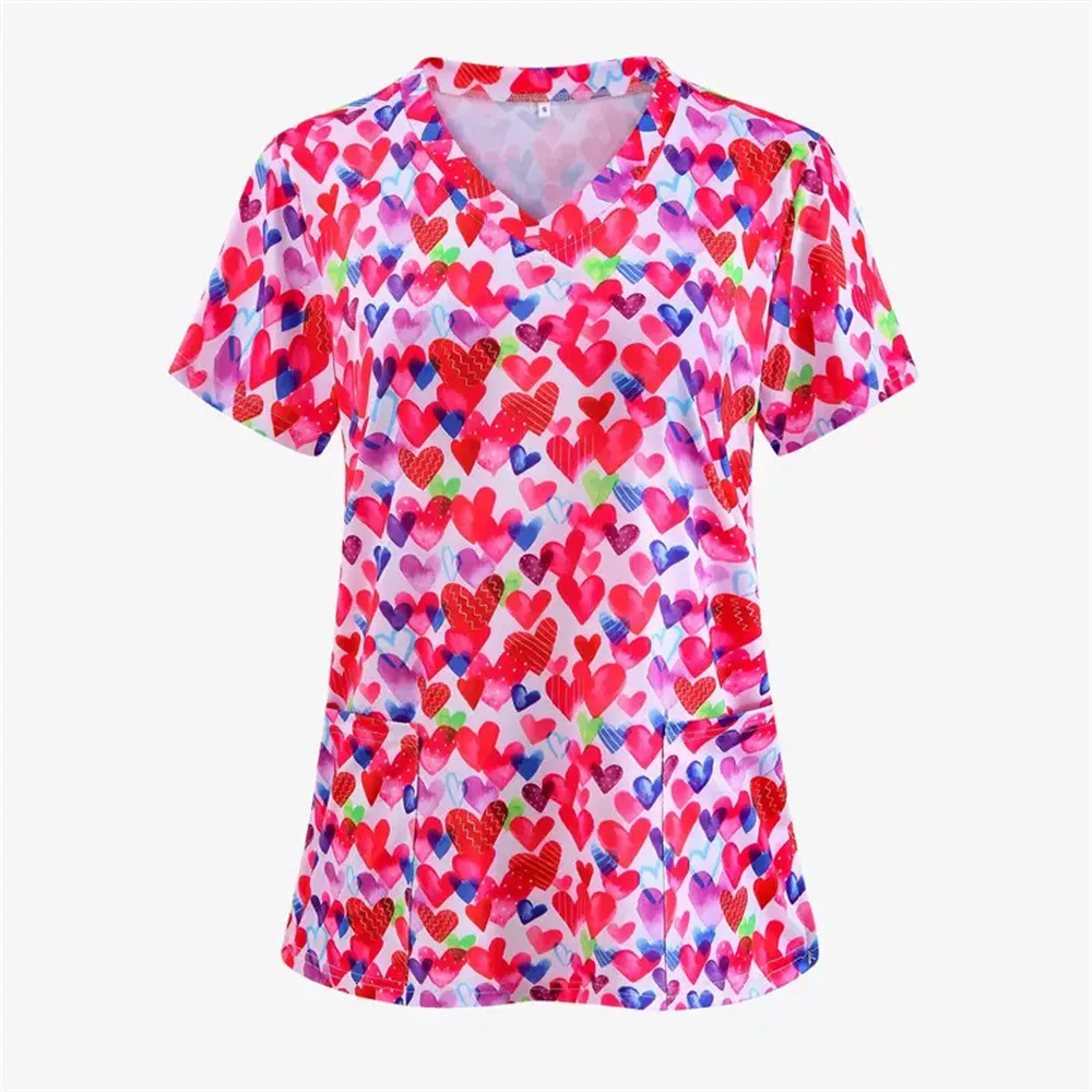 Love Nursing Scrubs Tops Nurse Uniform Animal 3d Print T-shirt Women Fashion V-neck Pocket Overalls Medical Uniforms Workwear