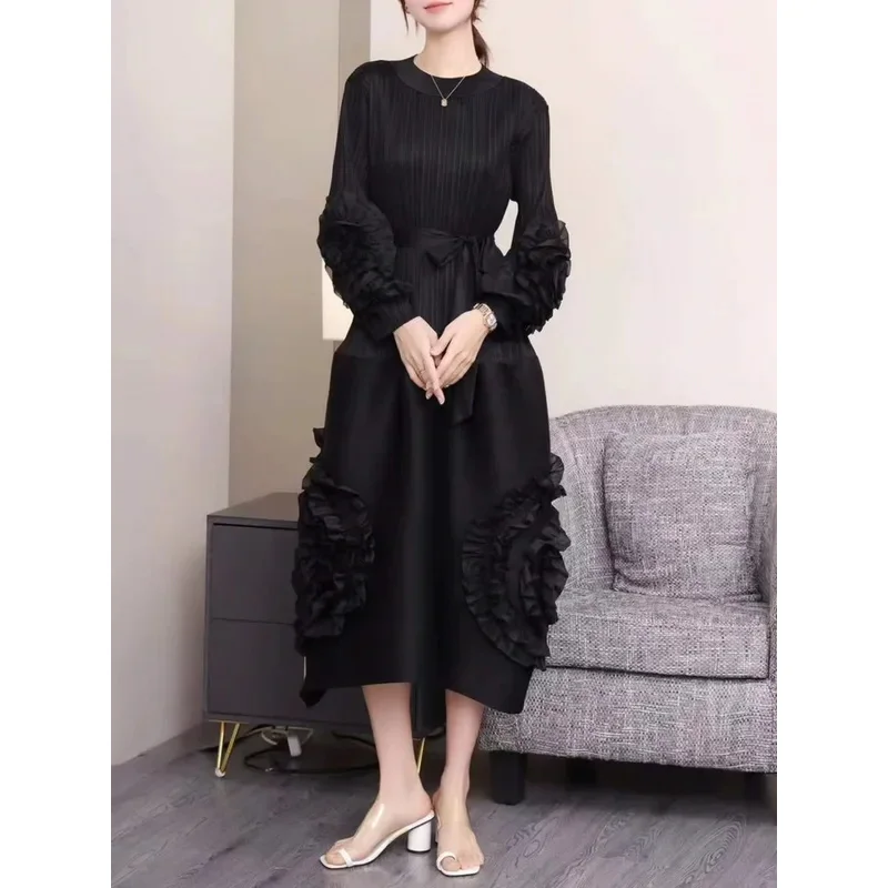 Fashion Design Pleated Evening party Dress Women Mesh Floral Spliced Belt Gathered Waist Solid Color Dresses Elegant 2024 New