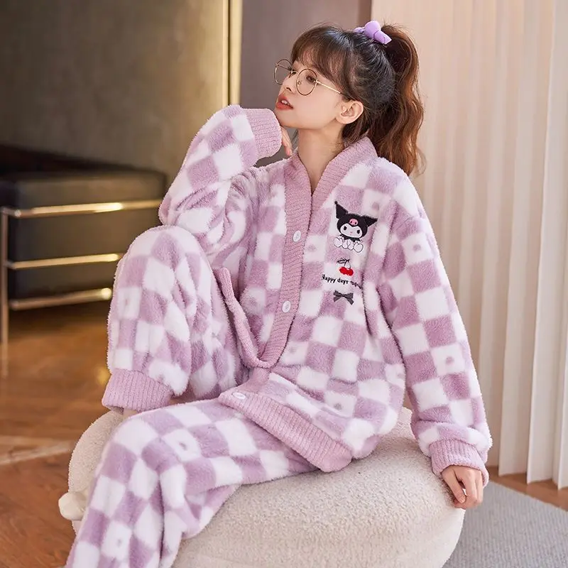 

Sanrio Kuromi женский осенне-зимний пижамный комплект из кораллового флиса, плюшевая утолщенная фланелевая клетчатая домашняя одежда для сна, домашняя одежда