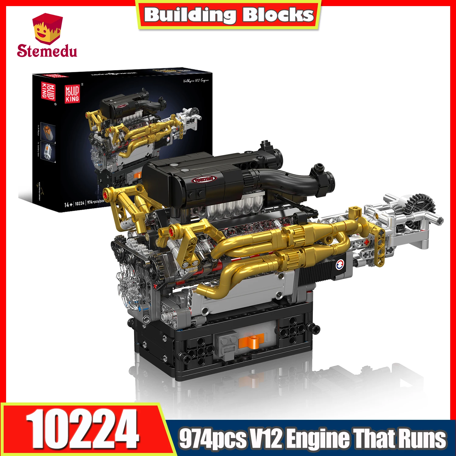 

974PCS MOULD KING 10224 Valkyrie V12 Engine Kit - DIY Building Block Model, STEM Christmas Gift for Kids & Car Enthusiasts
