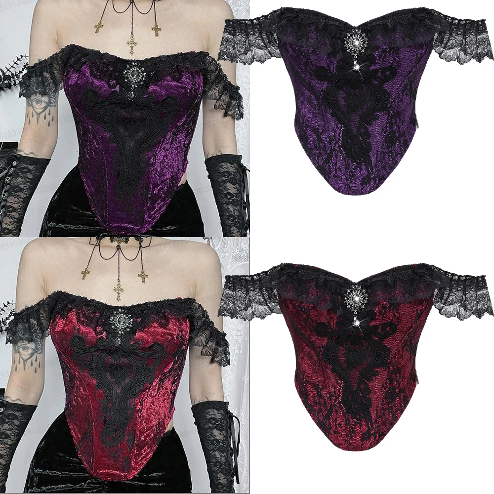 

Gothic Strapless Corset Floral Lace Overlay Applique Off The Shoulder Glitter Sparkling Buckle Hem Corset