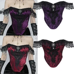 Gothic Strapless Corset Floral Lace Overlay Applique Off The Shoulder Glitter Sparkling Buckle Hem Corset