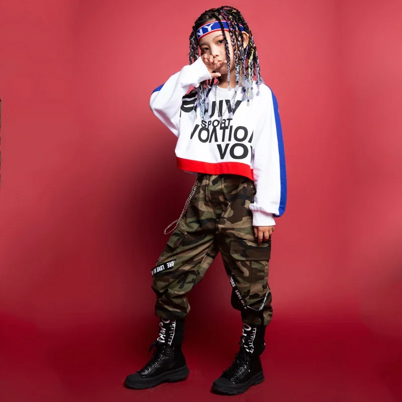 

Fashion Street Dance Suit Kids Hip Hop Clothing White Top Camouflage Pants Girls Jazz Dance Costume Stage Rave Outfit XS7723