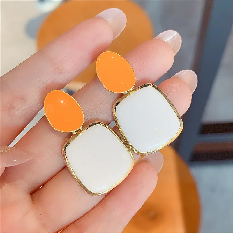 Personality Exaggeration Geometric Stud Earrings Women White/Green/Purple Patchwork Contrast Earrings Square Round Party Jewelry