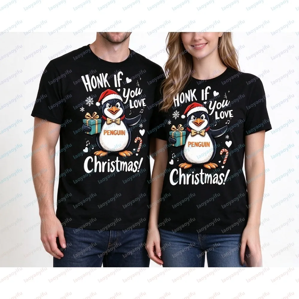Cute Santa Penguin Honk If You Love Christmas shirt  Holiday Graphic Tee Men Women Festive Gift Casual O Neck Short Sleeve Tops