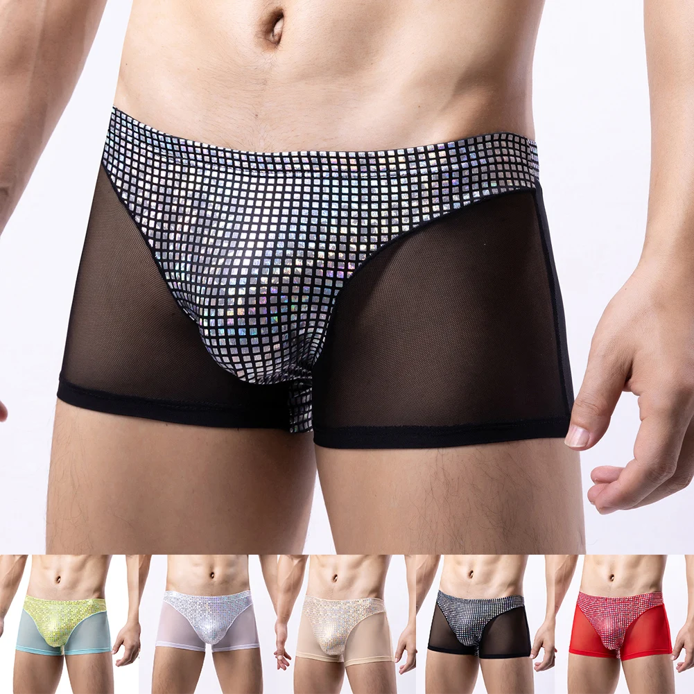 Men Sexy Smooth Personalized Trunks Patchwork Shorts Underpants For Stage Performances Male Seduction Erotic Underwear