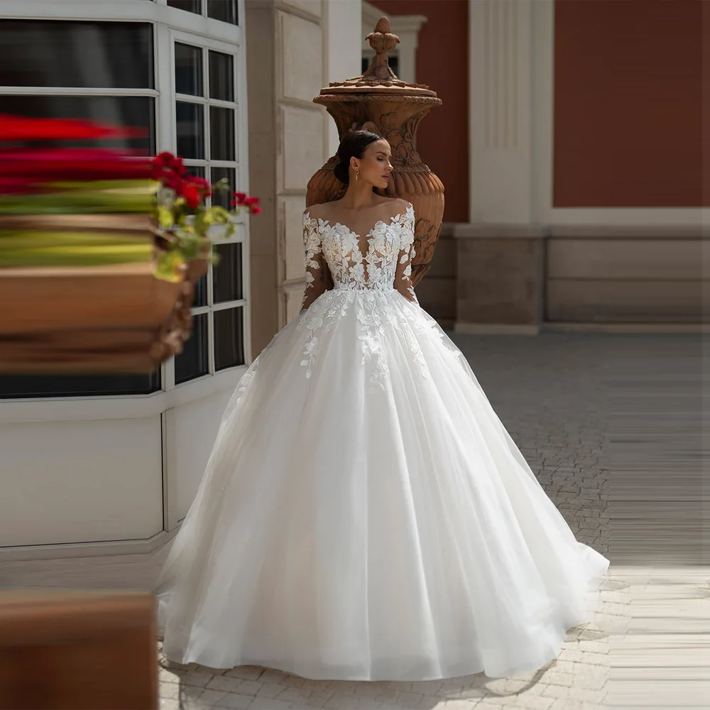 

Elegant A-Line Women Wedding Dresses Off Shoulder Lace Print Mopping Length Princess Bridal Gowns Vestidos De Novias Customized