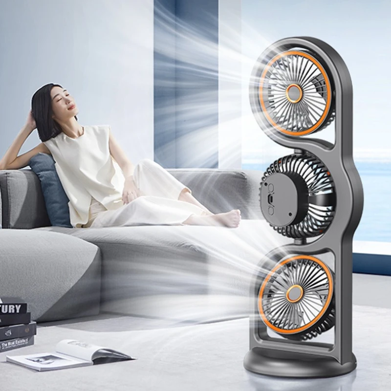 ポータブルファン-usb充電式-3ヘッド卓上扇風機、360度回転-°-回転循環ファン-5速風ファン-寮屋外用冷却ファン