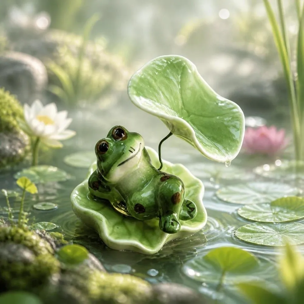 Ceramic Laying Frog Statue Home Ornaments Lotus Leaf Desktop Decoration Funny Attract Wealth Frog Rotating Tea Table
