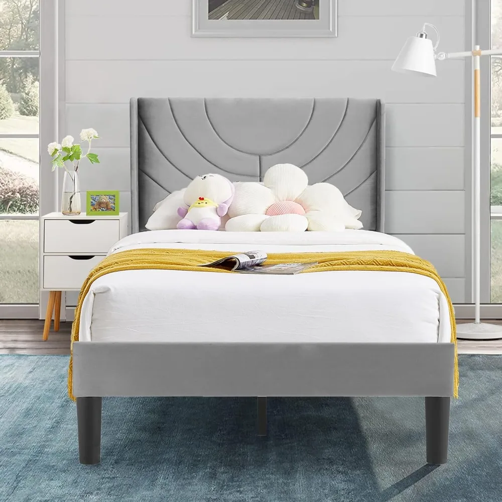 

Double size cushioned platform bed frame with fabric headboard, wooden support/no need for box spring/mattress base