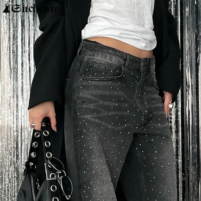 SUCHCUTE Women Rhinestone Jeans Loose Straight Wide Leg Denim Pants Chic Grunge Harajuku Streetwear High Waist Trousers 2024 New