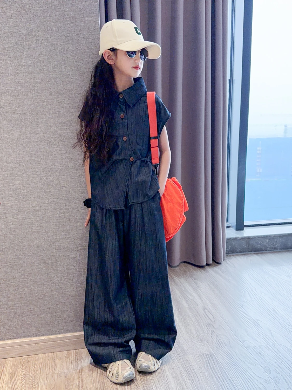 girls-retro-denim-set-summer-casual-wide-leg-short-sleeve-shirt-two-piece-suit-children's-clothing-cotton-polyester-blend