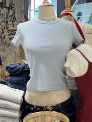 Sweet Solid Basic Woman's T-Shirt Round Neck Short Sleeve All-match Slim Cropped Tees Summer Streetwear Casual Simple Tshirt Top