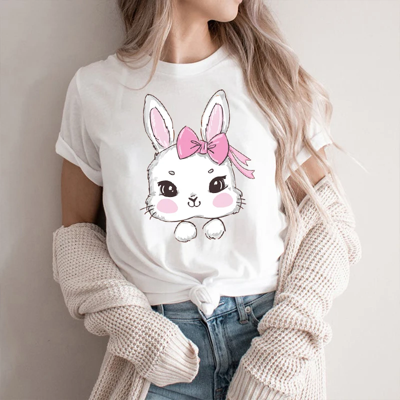 Three Bunnies Easter Tshirt Women Fashion Tops Kawaii Rabbit Cartoon Print Tee Female Casual Oversized T-shirt Camisa Masculina