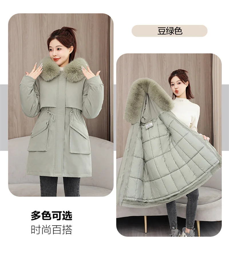 2026 New Winter Coat Down Padded Jacket Women Parkas Fur Collar Thick Hooded Cotton Coats Black Casual Outerwear Female Clothes