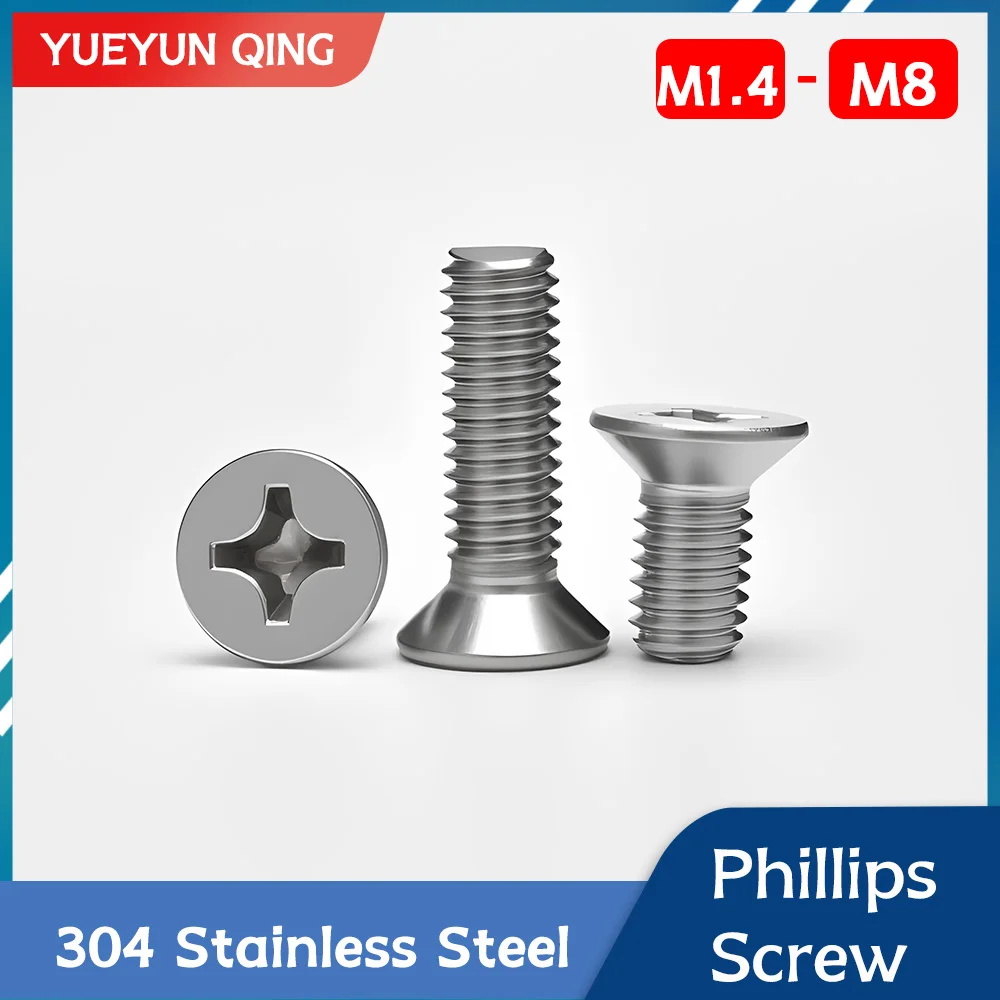 Flat Head Countersunk Phillips Screws M1.4 M1.6 M2 M2.5 M3 M3.5 M4 M5 M6 M8 304 Stainless Steel DIN965 Thread Cross Bolts Screw