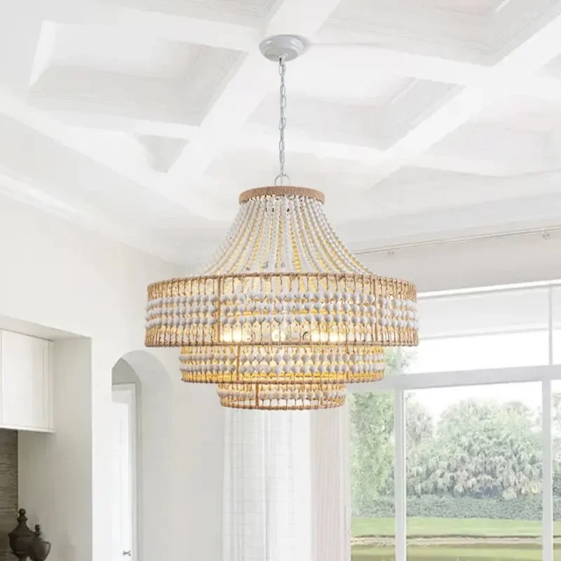 Retro Wood Bead Hemp Rope Chandelier for Living Room Dining Bedroom French Style Decorative Pendant Light Fixture