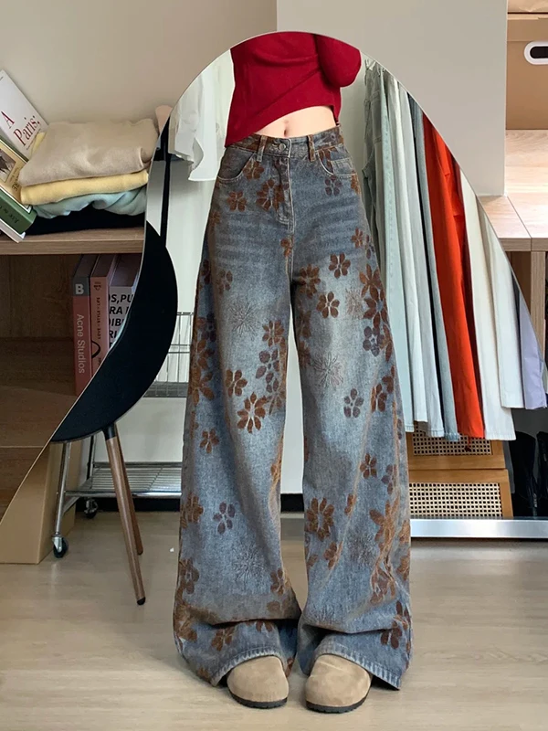 

American Sle Vintage Faded Print Curved Knife Jeans Women's Spring New Loose Straight Wide Leg Scythe Pants High Waist Flor...