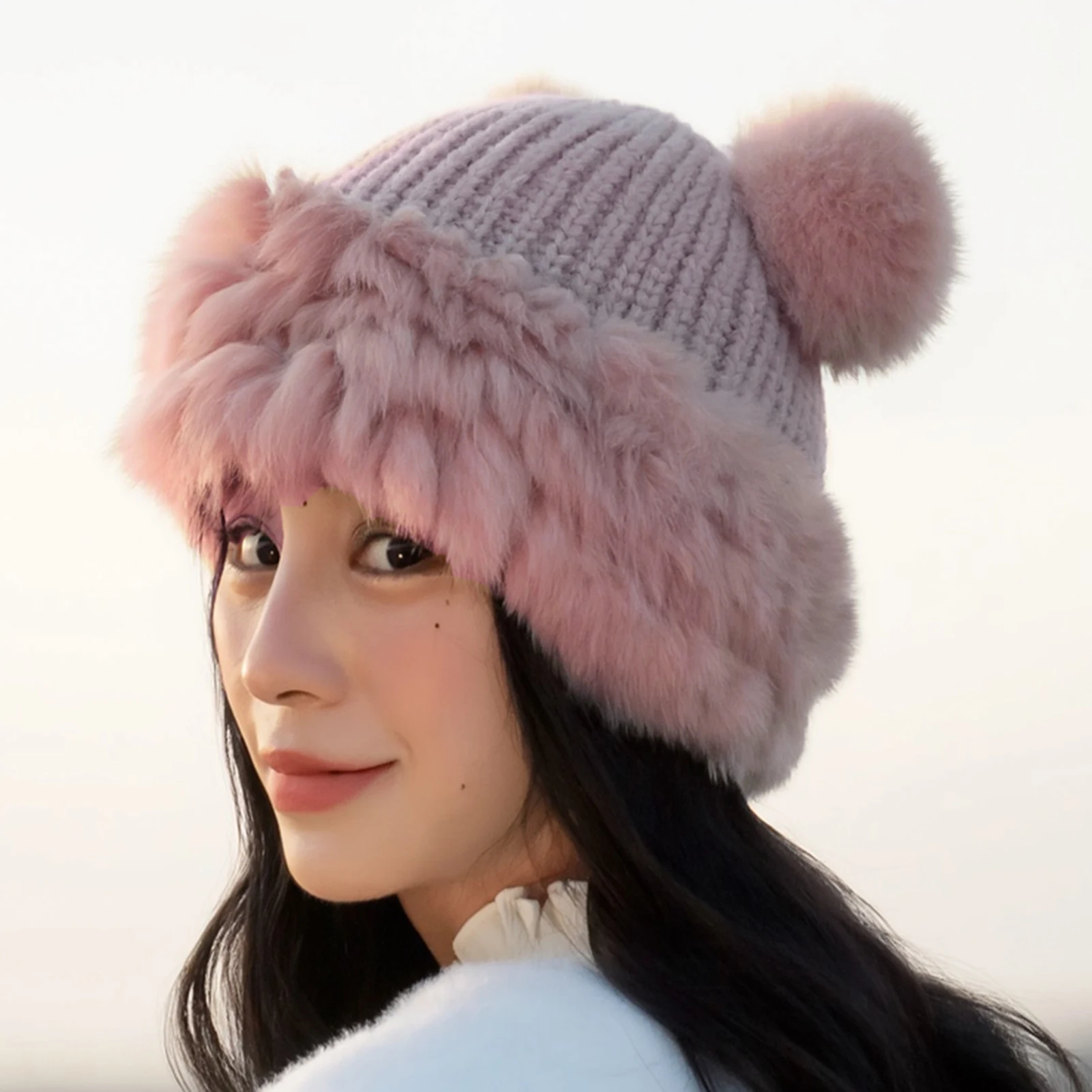 Bear Ears Knit Hat Winter Warm Fluffy Beanie For Women Oversized Cute Soft Hat With Thick Fleece Lining Cycling Riding Warm Hat