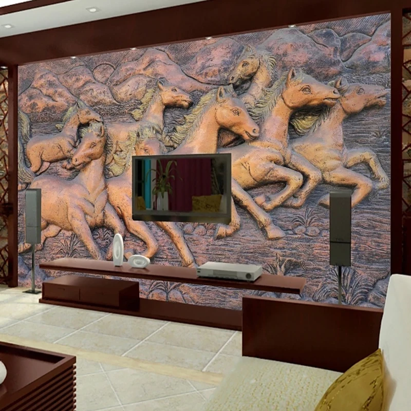 

Custom Any Size Mural Wallpaper 3D Copper Color Classical Eight Horses Wall Painting Living Room Bedroom Dining Room Art Fresco