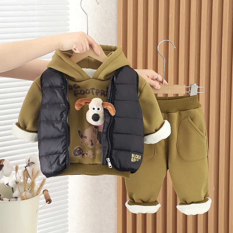 

Boys Cute Clothes Sets Winter Children Thick Velvet Vest Coats Hoodies Pants 3pcs Warm Suit For Baby Tracksuits Kids Outfits 5Y