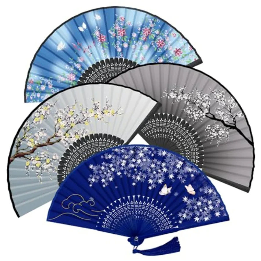 Handheld Fan, 4 PCS Hand Fan, Chinese Folding Fan for Women Foldable, Silk Bamboo Hand Held Fan, Paper Hand Fan
