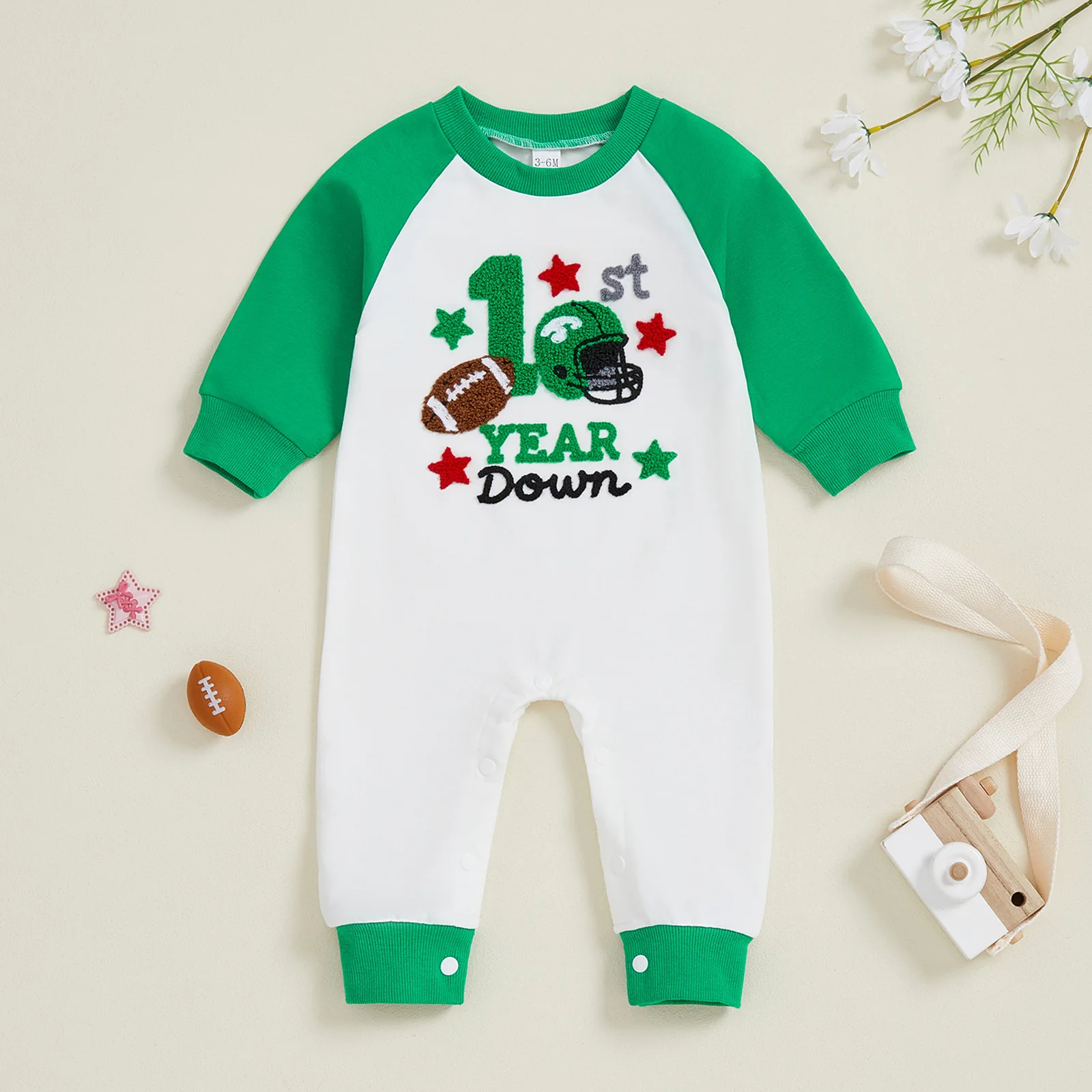 Boys' First Rugby Towel Embroidered Long Sleeved Shirt, Baby Color Blocked Sleeve Jumpsuit