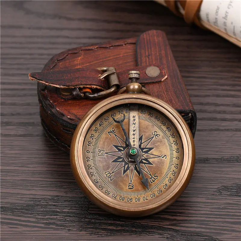 Brass Vintage Compass with Mini Telescope, Portable Antique Nautical Decor for Study, European Style Desk Ornament Gift