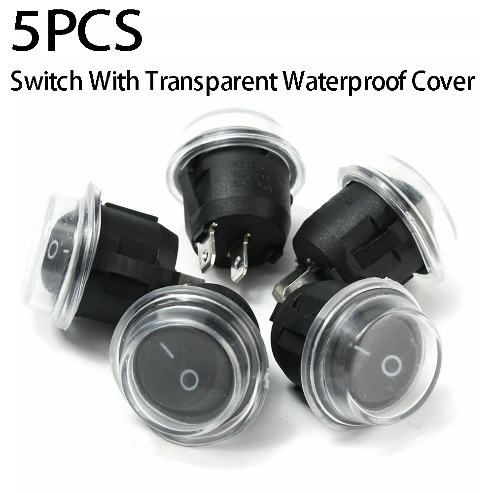 

SPST Toggle Switch ON/OFF Round Rocker Single Pole Single Throw 12V 5pcs/Set Black Button Snap-in Waterproof Cover