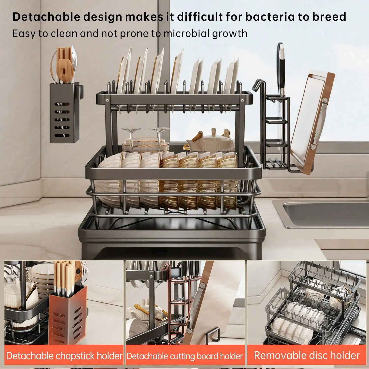Компактная сушилка для посуды (2 уровня): нержавеющая сталь + дренажный поддон, кухонный органайзер