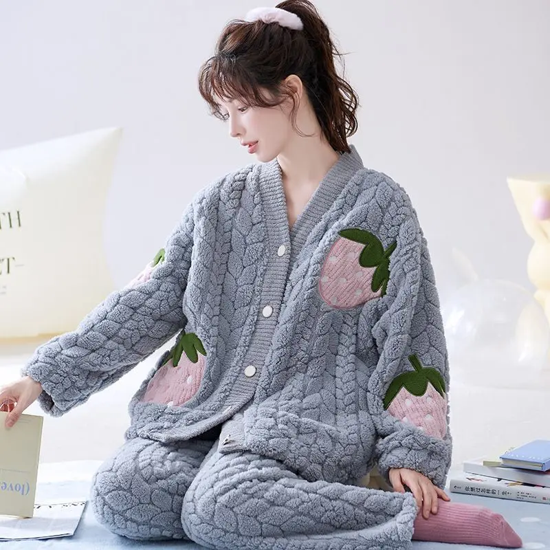 Autumn winter Coral fleece Pajamas fleecing intensification Ms. flannel loungewear set Large size Can worn outside sleepwear