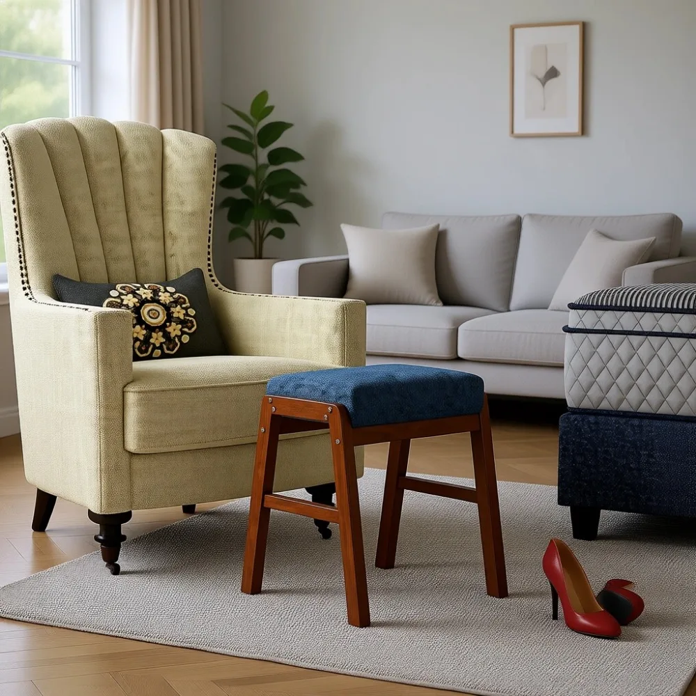 Small Vanity Stool with Wood Legs, Padded Seat for Makeup Room, Bathroom